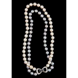 Double Strand White and Gray Pearl Necklace with Diamonds and Sapphires