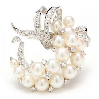 14KT White Gold Pearl and Diamond Brooch
