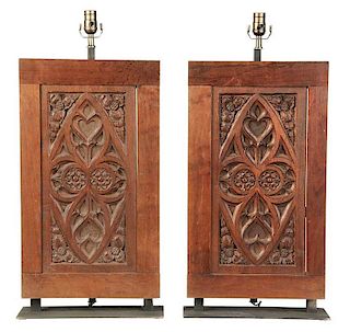 Pair of Gothic Oak Panels Converted To Lamps