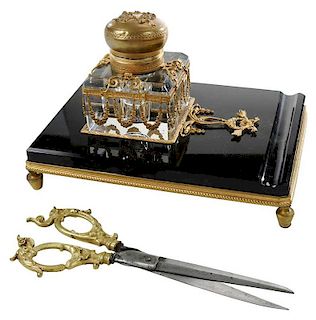 Gilt Bronze and Glass Inkwell with Scissors