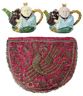 Pair Majolica Figural Teapots and Cozy