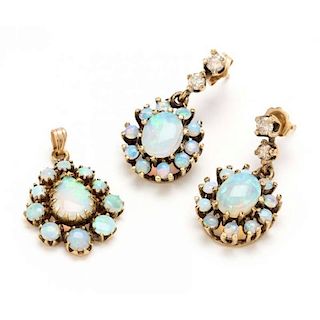 Vintage 14KT Opal and Diamond Earrings and Pendant