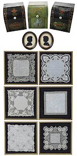 Three Tin Canisters with Eight Framed Items
