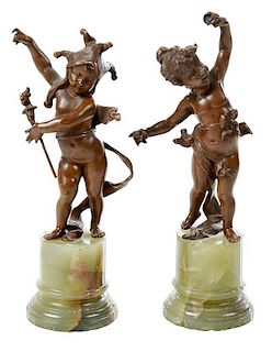 Pair Patinated Bronze Putti Figures, Onyx Bases