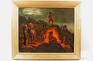 Folk Art Native American Campfire Scene, O/C