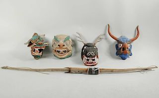 Four Vintage Bhutanese Ceremonial Animal Masks/Bow