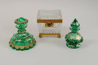 Small Glass Box & Two Cut Glass Perfume Bottles