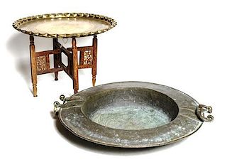 A Middle Eastern Brass Tray on Stand, Diameter of first 22 1/8 inches.
