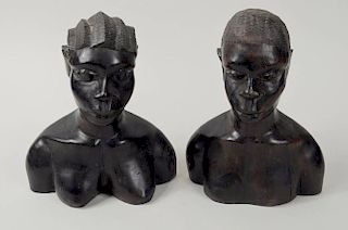 Pair Vintage African Carved Wood Busts