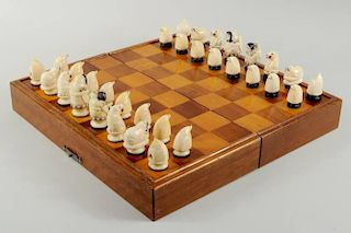 Inuit Scrimshaw Marine Ivory Chess Set