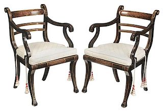 Pair Regency Style Stencil Decorated Arm Chairs