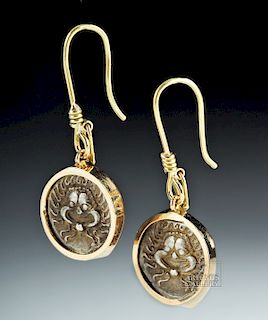 Greek Silver Drachma Coin Earrings w/ 18K Gold, 8.4g