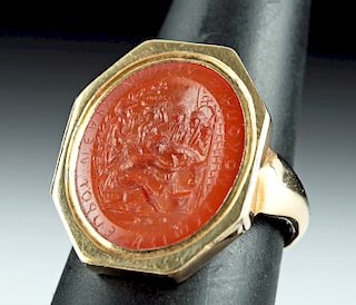 Victorian Carnelian Intaglio & 14K+ Gold Ring - 6.8 g