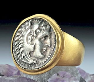 Alexander the Great Silver Drachm Coin in 18K Gold Ring