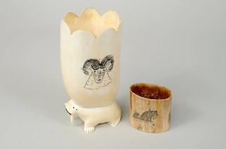 Two Inuit Scrimshaw Walrus Ivory Containers