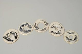 Five Peter Mayac Scrimshaw Marine Ivory Pendants