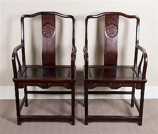 A Pair of Chinese Hardwood Armchairs, Height 42 inches.