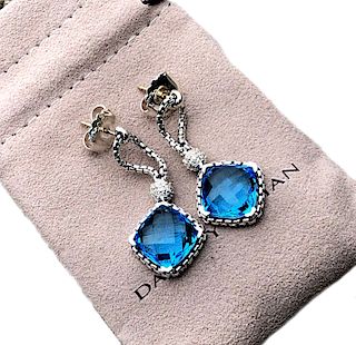 David Yurman 925 Hampton Blue Topaz & Diamond Dangle Earrings