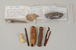 Eight Inuit Carved Fossilized & Wood Tools