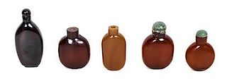Five Monochrome Glass or Stone Snuff Bottles, Height of tallest 3 1/4 inches.
