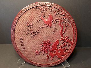 ANTIQUE Chinese Cinnabar Wood Round Display Plate, late Qing 