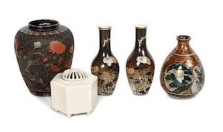 A Collection of Five Japanese Ceramic Articles, Height of tallest 5 1/4 inches.