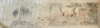 OLD Chinese Long Watercolor Painting with Figurines, dog, etc. Marked