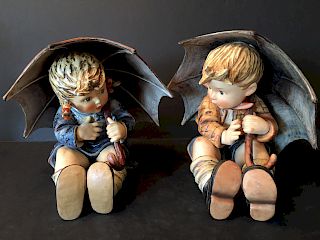 Vinatge Hummel Figurines, "Umbrella Girl" & "Umbrella Boy", 150/IIA, 150/IIB