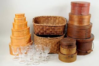 Thirteen Shaker Style Boxes, Baskets & Glassware