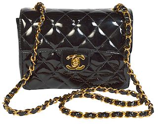 Mini CHANEL Black Quilted Patent Leather Bag