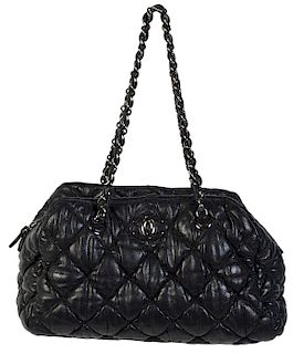 CHANEL Black Leather 'Bowler' Bag w/ Bubble Quilt