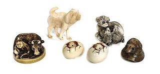 A Collection of Six Ivory Netsuke and Figures, Height of tallest 2 inches.