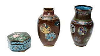 Three Japanese Cloisonné Enamel Articles, Height of tallest 6 inches.
