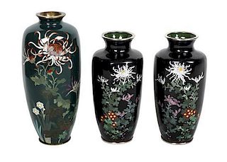 Three Japanese Cloisonne Enamel Chrysanthemum Decorated Vases, Height of tallest 7 inches.