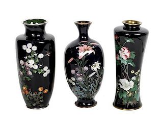 Three Japanese Cloisonne Vases, Height of tallest 7 1/4 inches.