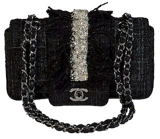 Black Tweed CHANEL Flap Shoulder Bag with Fringe