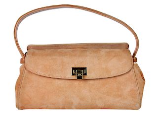 CHANEL Peach Suede Leather Handbag with CC Lock