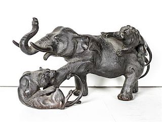 A Japanese Bronze Figural Group, Width 14 1/2 inches.