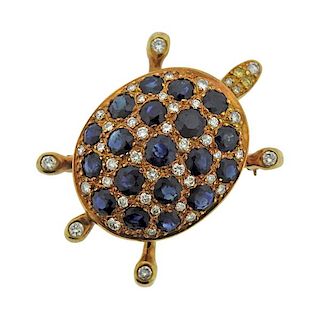 18K Gold Diamond Sapphire Turtle Brooch Pin