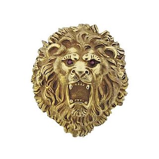 Large 14k Gold Ruby Lion Head Pendant  Brooch