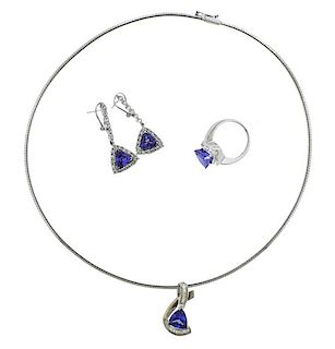 14K Gold Diamond Blue Stone Earrings Necklace Ring Set