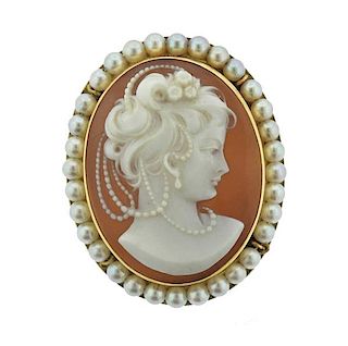 14K Gold Pearl Shell Cameo Brooch Pendant