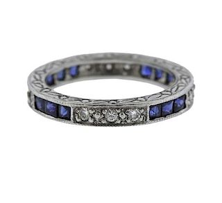 Art Deco Platinum Diamond Blue Stone Band Ring