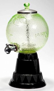 LASH'S VASELINE (URANIUM) AND BLACK AMETHYST GLASS SYRUP DISPENSER