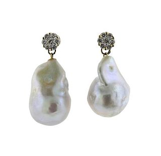 14K Gold Diamond Baroque Pearl Earrings