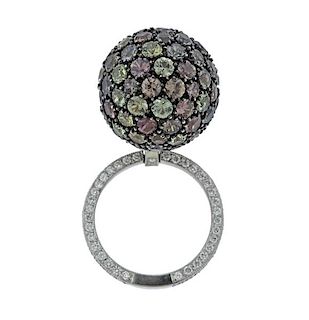 18K Gold Diamond Multi Color Stone Ball Ring