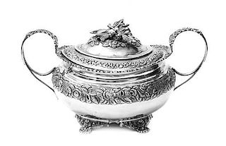 An English Silver Covered Sugar, Alice & George Burrows, London, 1891, Width over handles 9 3/4 inches.