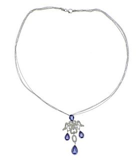 18K Gold Diamond Blue Stone Chandelier Pendant Necklace