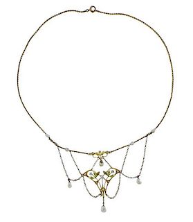 Art Nouveau 14K Gold Diamond Pearl Enamel Necklace