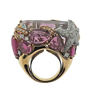 18K Gold Diamond Aquamarine Pink Stone Cocktail Ring
